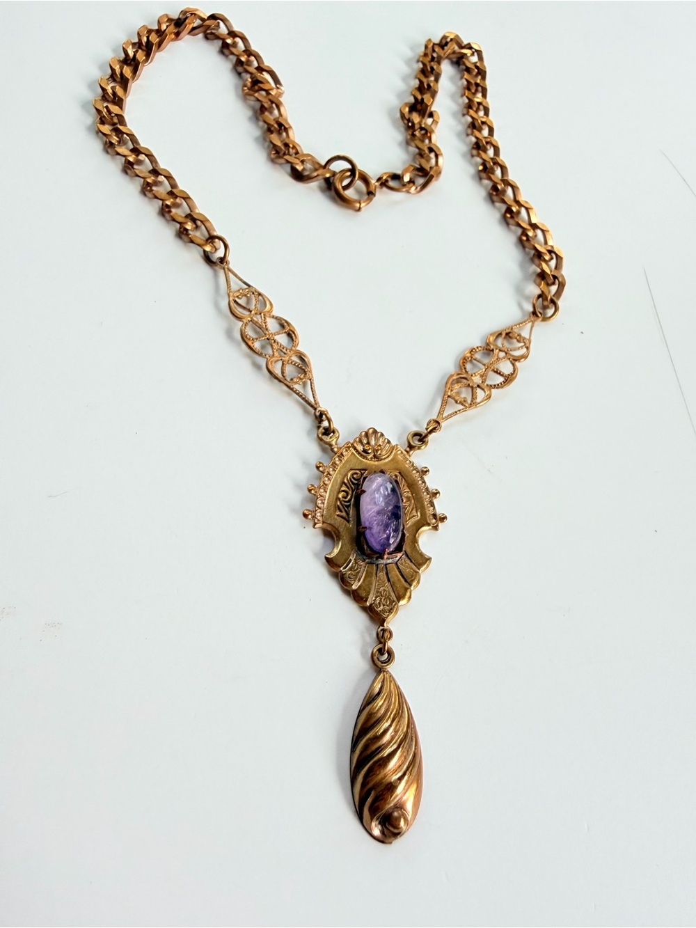 Antique 1900s Edwardian Art Nouveau Brass & Natural Amethyst Lavaliere Necklace